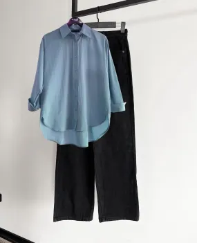 Sky button down with black jeans
