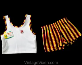 Vintage 70s Children's Summer Set - Size 12 Months Toddler Tank Top & Striped Shorts with Cat Logo - 1970s NWT Deadstock - Kids Clothes