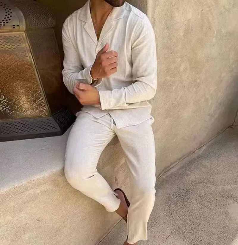 Wiaofellas  -  Spring Autumn Fashion Men Casual Sports Suit Cotton Solid Lapel Long Sleeve Shirt And Trousers Two-piece Set For Male Outfits