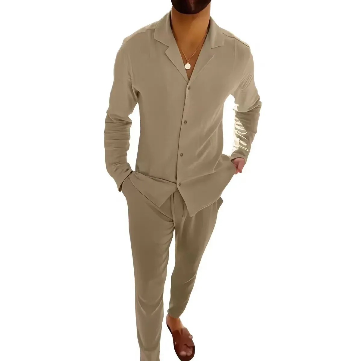 Wiaofellas  -  Spring Autumn Fashion Men Casual Sports Suit Cotton Solid Lapel Long Sleeve Shirt And Trousers Two-piece Set For Male Outfits