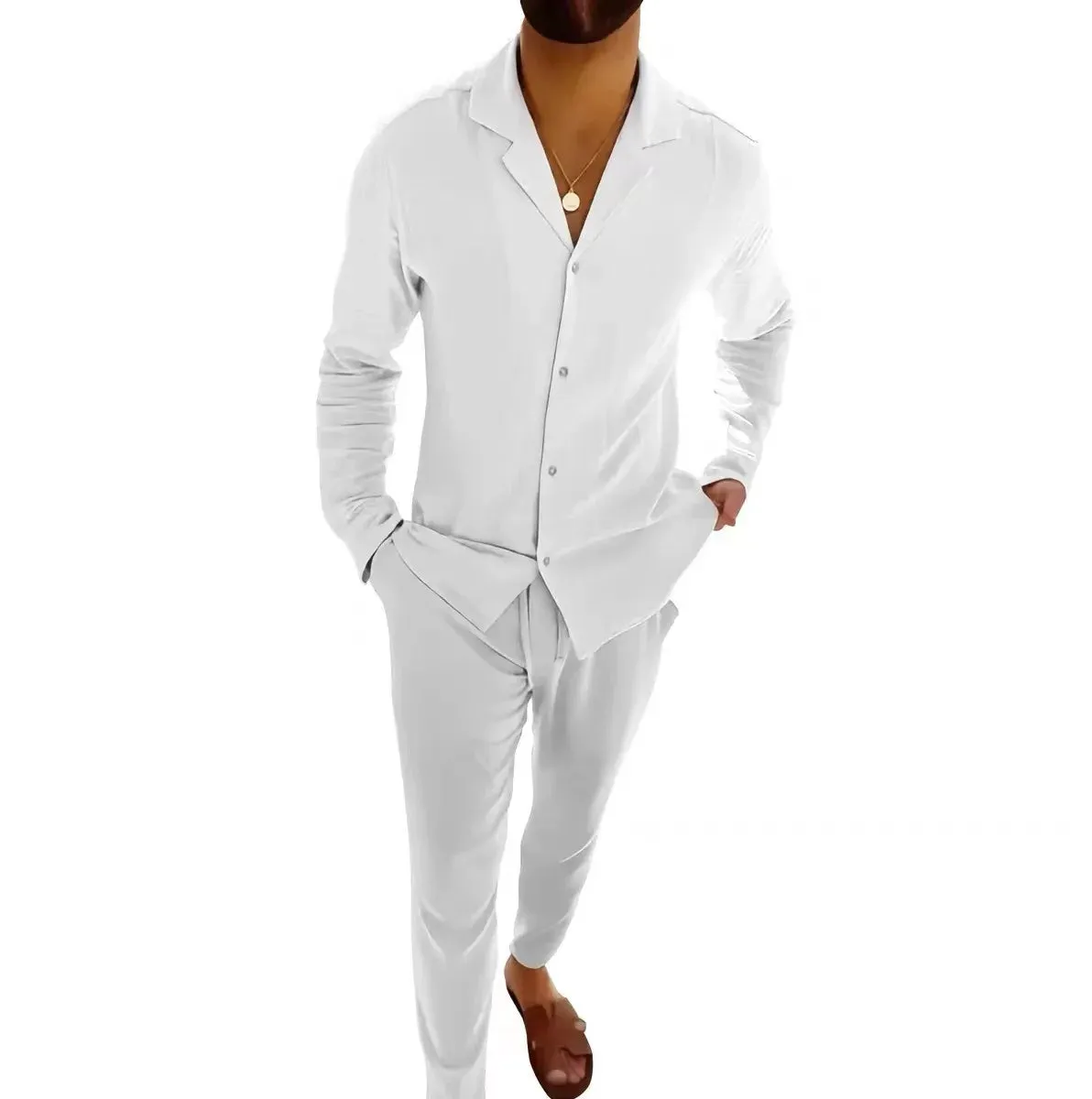 Wiaofellas  -  Spring Autumn Fashion Men Casual Sports Suit Cotton Solid Lapel Long Sleeve Shirt And Trousers Two-piece Set For Male Outfits