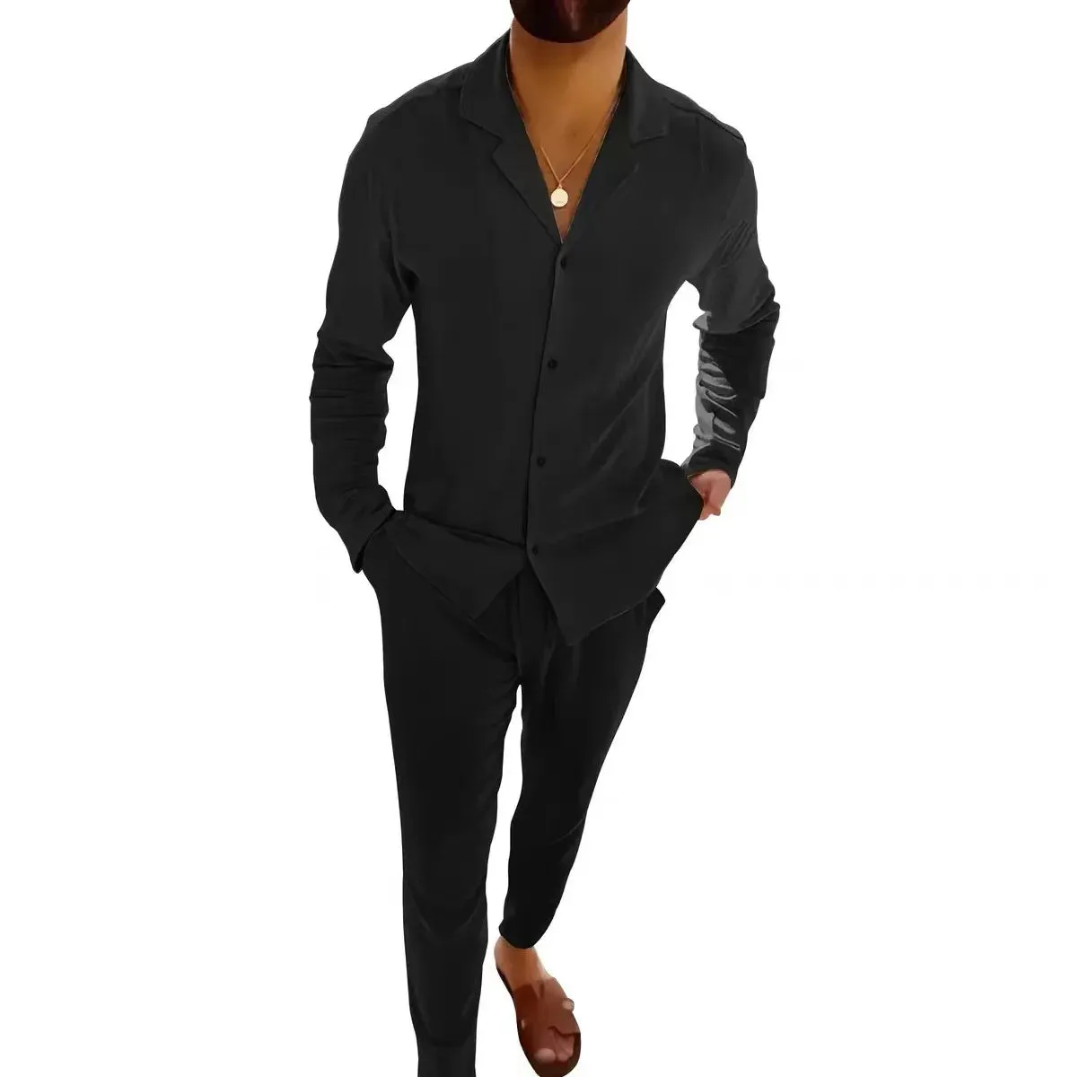 Wiaofellas  -  Spring Autumn Fashion Men Casual Sports Suit Cotton Solid Lapel Long Sleeve Shirt And Trousers Two-piece Set For Male Outfits