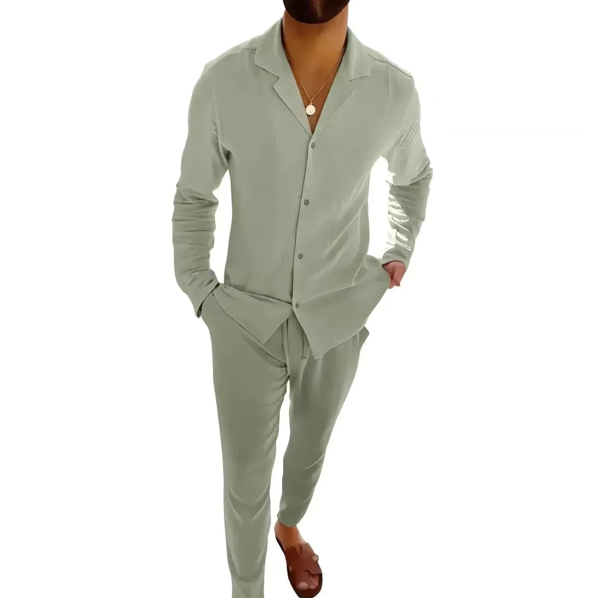Wiaofellas  -  Spring Autumn Fashion Men Casual Sports Suit Cotton Solid Lapel Long Sleeve Shirt And Trousers Two-piece Set For Male Outfits