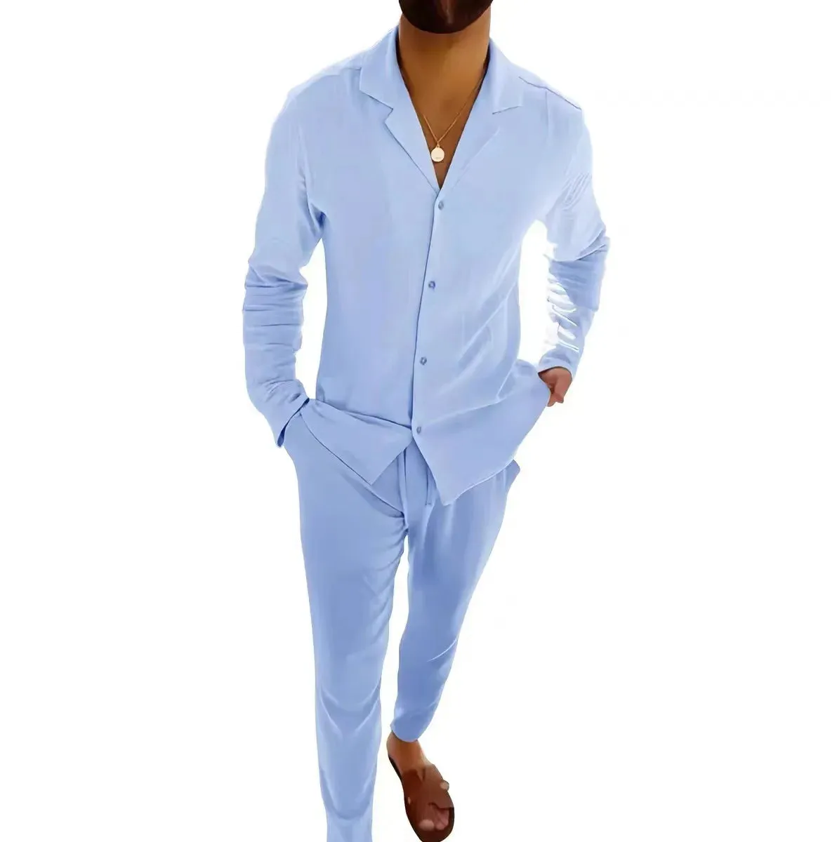 Wiaofellas  -  Spring Autumn Fashion Men Casual Sports Suit Cotton Solid Lapel Long Sleeve Shirt And Trousers Two-piece Set For Male Outfits
