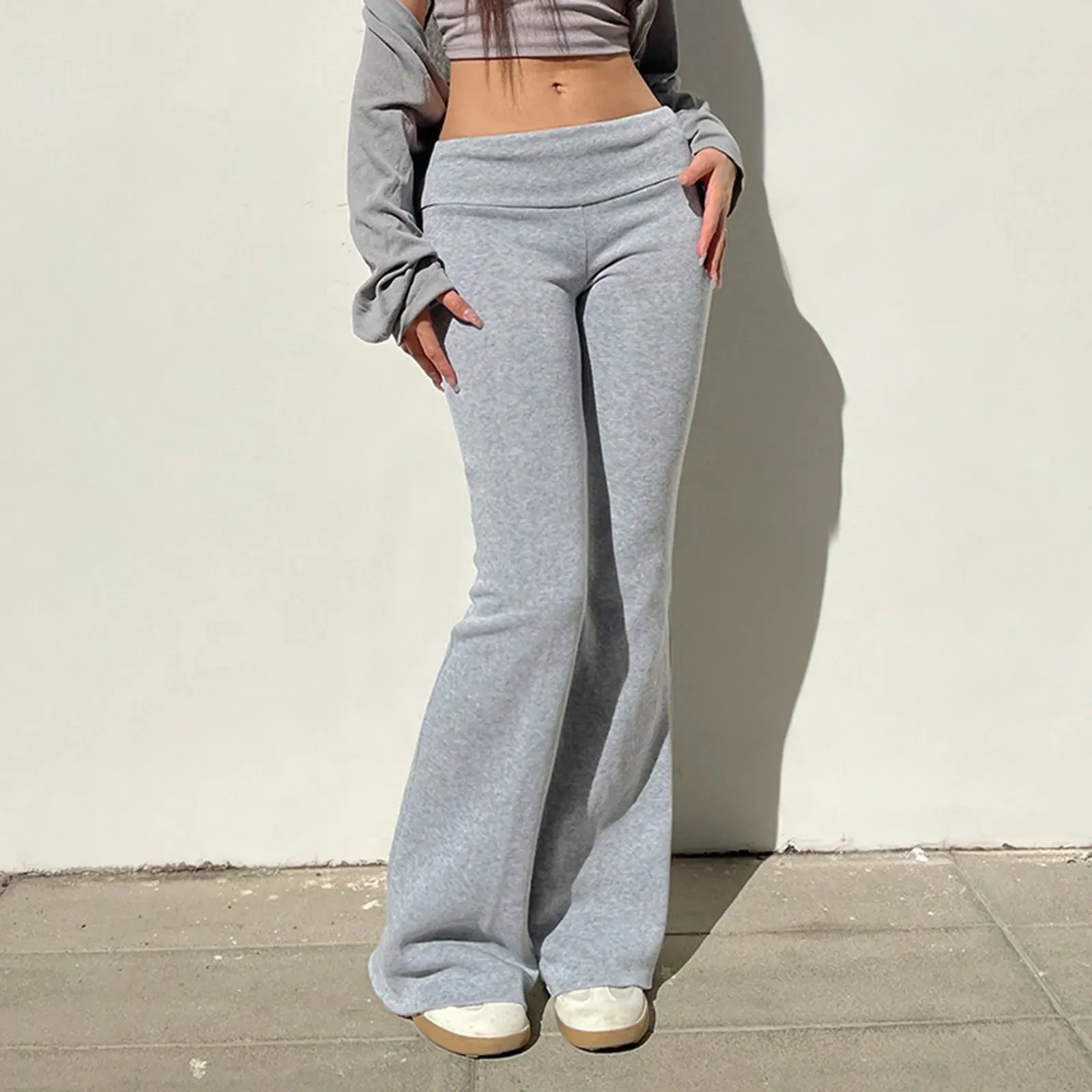 Womens Folding Yoga Long Pants Solid Color Wide Leg Fit