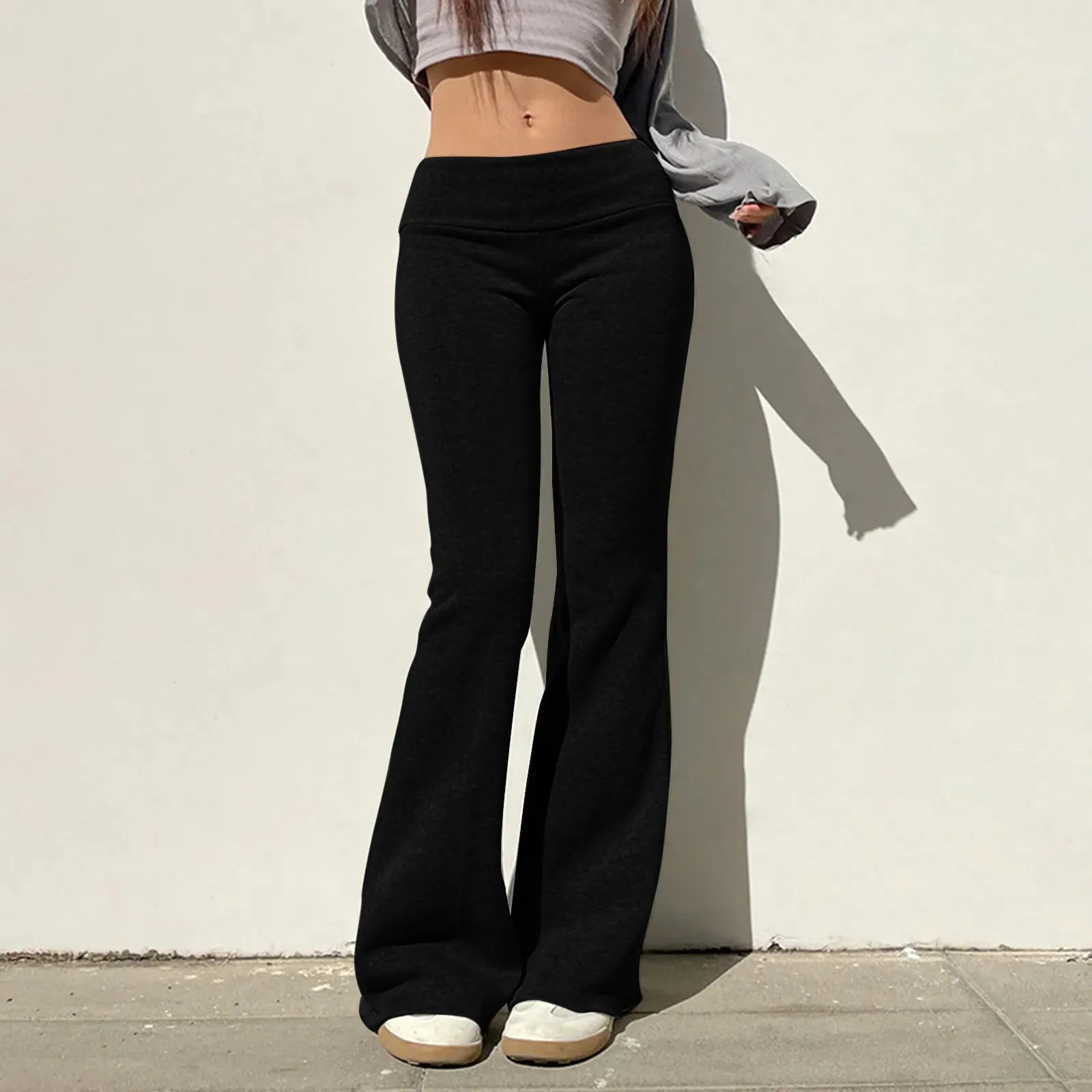 Womens Folding Yoga Long Pants Solid Color Wide Leg Fit