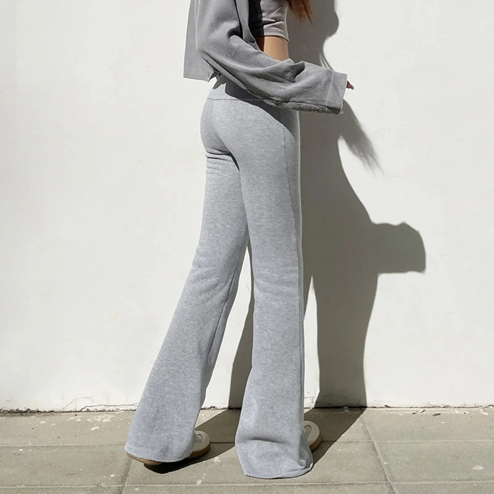 Womens Folding Yoga Long Pants Solid Color Wide Leg Fit